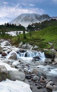 Preview wallpaper stream, cascade, stones, grass, mountains