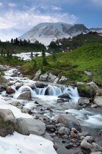 Preview wallpaper stream, cascade, stones, grass, mountains