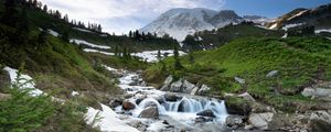 Preview wallpaper stream, cascade, stones, grass, mountains