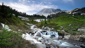 Preview wallpaper stream, cascade, stones, grass, mountains