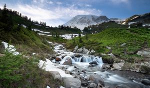 Preview wallpaper stream, cascade, stones, grass, mountains