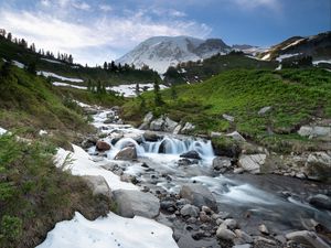 Preview wallpaper stream, cascade, stones, grass, mountains