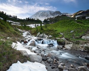 Preview wallpaper stream, cascade, stones, grass, mountains