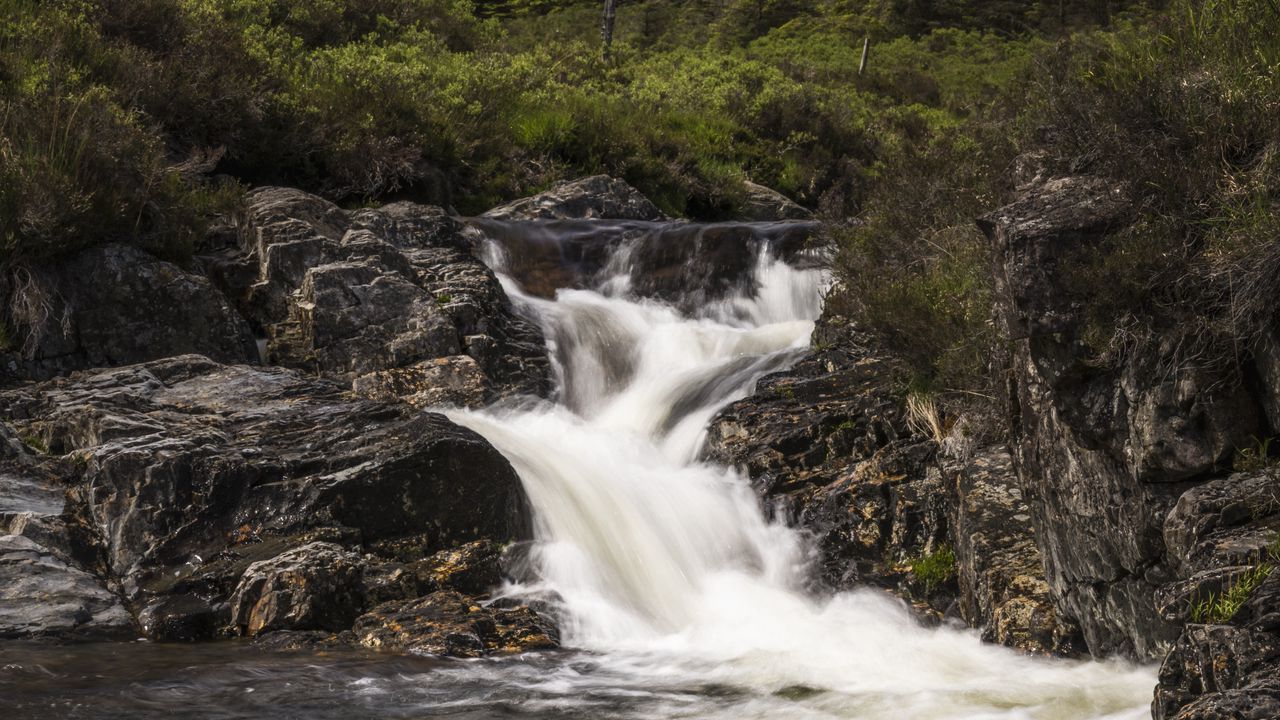 Wallpaper stream, cascade, water, foam, stones, trees