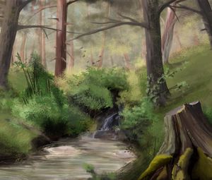 Preview wallpaper stream, forest, trees, bushes, art