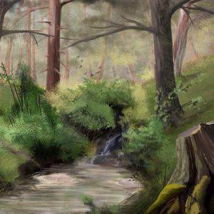 Preview wallpaper stream, forest, trees, bushes, art