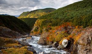 Preview wallpaper stream, hills, grass, stones