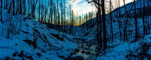Preview wallpaper stream, hills, trees, snow, sunset, winter, nature