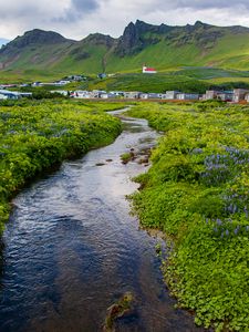 Preview wallpaper stream, meadow, flowers, houses, mountains, landscape