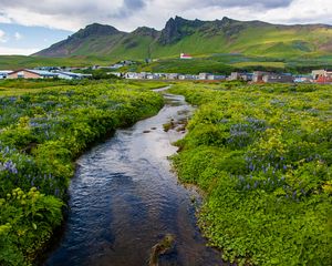 Preview wallpaper stream, meadow, flowers, houses, mountains, landscape