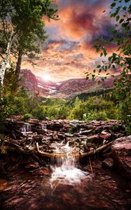 Preview wallpaper stream, mountains, trees, sunset, landscape