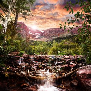 Preview wallpaper stream, mountains, trees, sunset, landscape