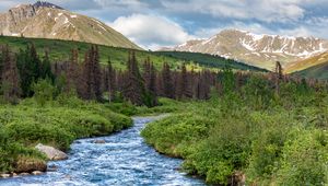 Preview wallpaper stream, mountains, trees, landscape, nature