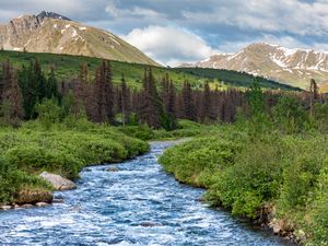 Preview wallpaper stream, mountains, trees, landscape, nature