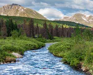 Preview wallpaper stream, mountains, trees, landscape, nature