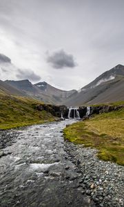 Preview wallpaper stream, pebbles, mountains, valley, grass