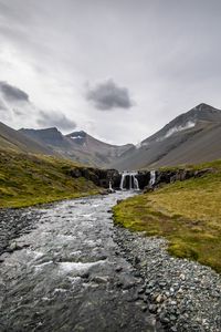 Preview wallpaper stream, pebbles, mountains, valley, grass