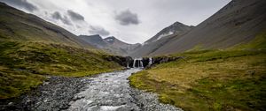 Preview wallpaper stream, pebbles, mountains, valley, grass