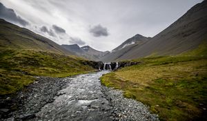 Preview wallpaper stream, pebbles, mountains, valley, grass