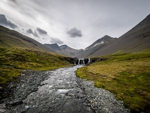 Preview wallpaper stream, pebbles, mountains, valley, grass