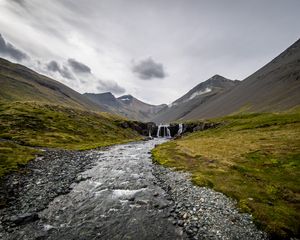 Preview wallpaper stream, pebbles, mountains, valley, grass