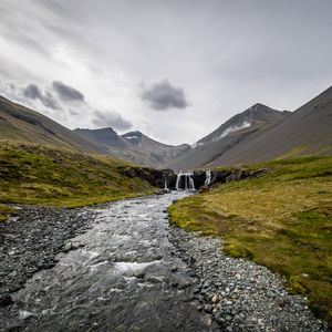 Preview wallpaper stream, pebbles, mountains, valley, grass