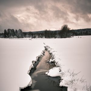 Preview wallpaper stream, snow, field, trees, winter, nature