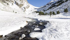 Preview wallpaper stream, snow, mountains, trees
