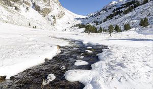 Preview wallpaper stream, snow, mountains, trees