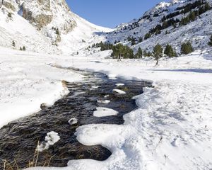 Preview wallpaper stream, snow, mountains, trees