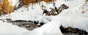 Preview wallpaper stream, snow, path, mountains, trees, winter