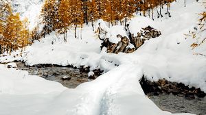 Preview wallpaper stream, snow, path, mountains, trees, winter
