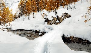 Preview wallpaper stream, snow, path, mountains, trees, winter