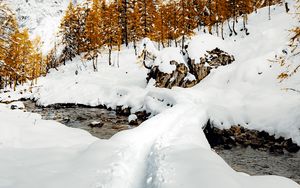 Preview wallpaper stream, snow, path, mountains, trees, winter