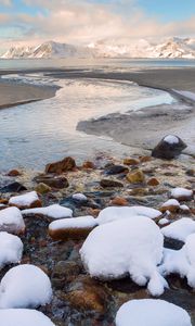 Preview wallpaper stream, stone, snow, mountains