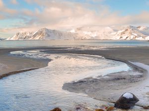 Preview wallpaper stream, stone, snow, mountains