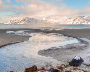 Preview wallpaper stream, stone, snow, mountains