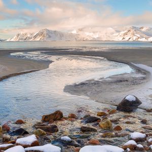 Preview wallpaper stream, stone, snow, mountains