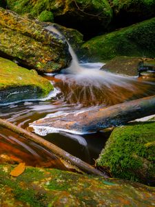 Preview wallpaper stream, stones, branches, foam, nature