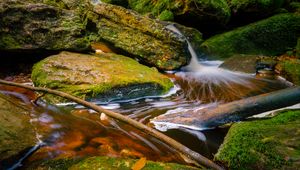 Preview wallpaper stream, stones, branches, foam, nature