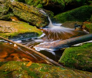 Preview wallpaper stream, stones, branches, foam, nature