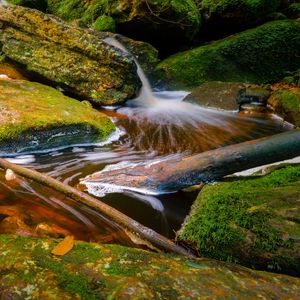 Preview wallpaper stream, stones, branches, foam, nature