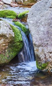 Preview wallpaper stream, stones, moss, water, flow, nature