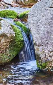 Preview wallpaper stream, stones, moss, water, flow, nature