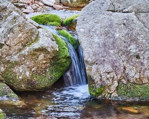 Preview wallpaper stream, stones, moss, water, flow, nature