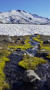 Preview wallpaper stream, stones, snow, mountain