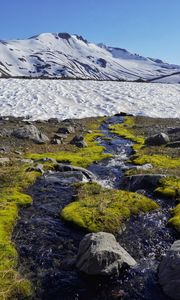 Preview wallpaper stream, stones, snow, mountain