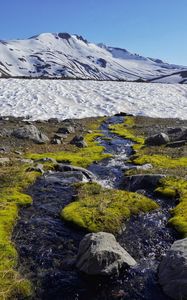 Preview wallpaper stream, stones, snow, mountain