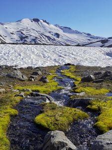 Preview wallpaper stream, stones, snow, mountain