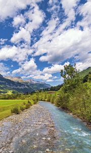 Preview wallpaper stream, stones, trees, mountains, landscape